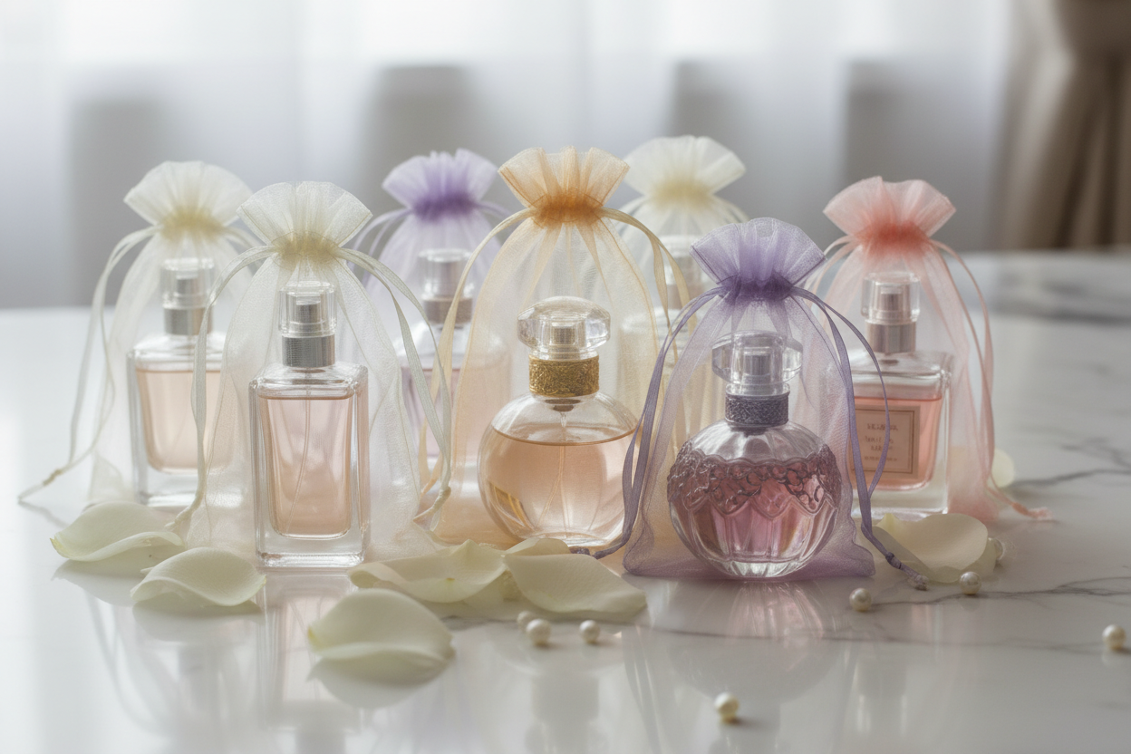 A collection of organza bags with perfume bottles inside
